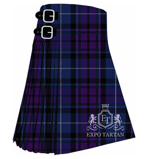 Men's Crieff Highland Gathering Tartan Kilt showing traditional knife pleats and black leather side straps in a navy and black sett, intricately intersected by purple bands and white overchecks