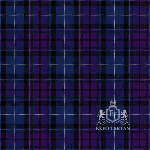 Men's Crieff Highland Gathering Swatch showing a navy and black sett, intricately intersected by purple bands and white overchecks