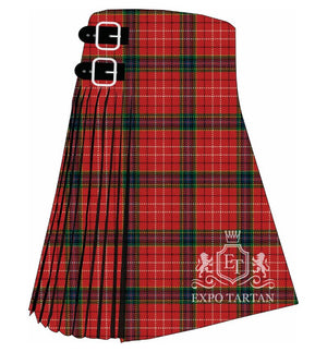 Men's Cumberland Tartan Kilt showing traditional knife pleats and black leather side straps in a vibrant red sett, intricately intersected by forest green, dark navy, and fine yellow and white overchecks