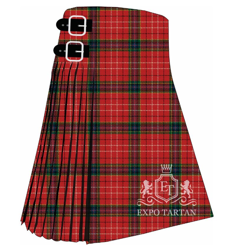 Men's Cumberland Tartan Kilt showing traditional knife pleats and black leather side straps in a vibrant red sett, intricately intersected by forest green, dark navy, and fine yellow and white overchecks