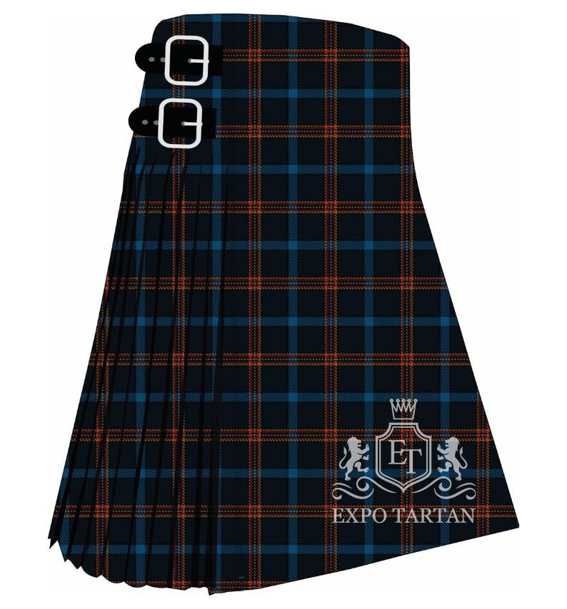 Men's Culemborg Tartan Kilt showing traditional knife pleats and black leather side straps in a dark navy sett, intricately intersected by bright blue bands and orange overchecks
