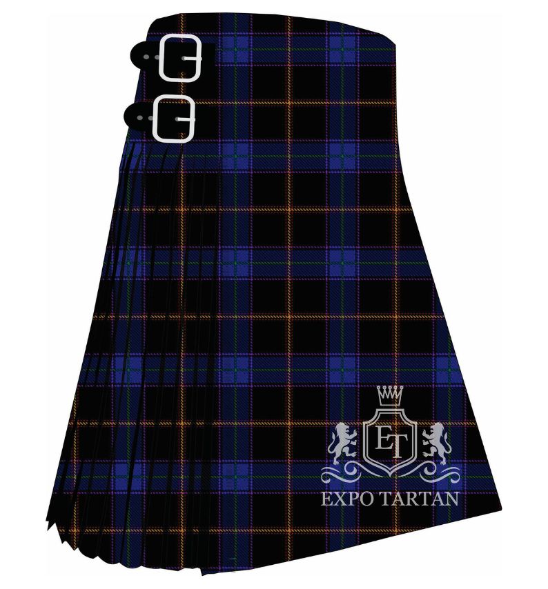 Men's Cumnock Tartan Kilt showing traditional knife pleats and black leather side straps in a black and blue sett, intricately intersected by bright yellow and subtle green overchecks