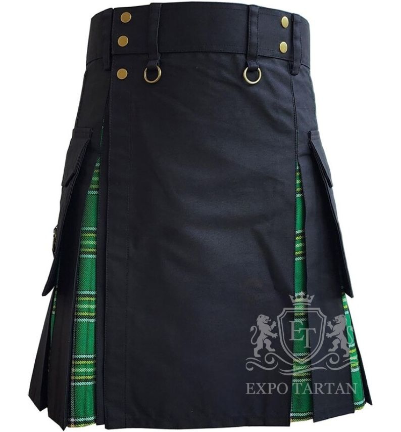 Custom Black Hybrid Utility Kilt Irish Green Tartan, Highland Wear
