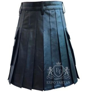 Custom Made Black Leather Utility Kilt — Highland Wear with Cargo Pockets |