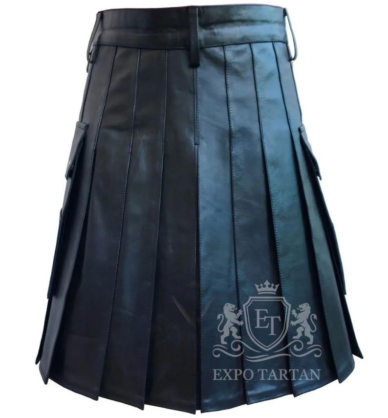 Custom Made Black Leather Utility Kilt — Highland Wear with Cargo Pockets |