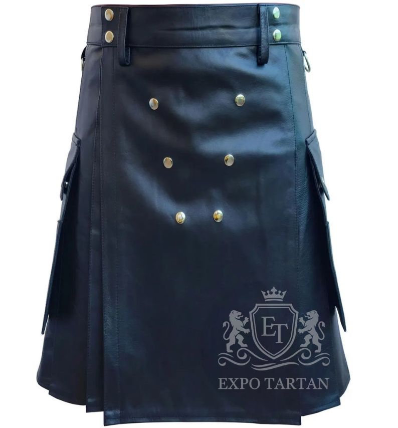 Custom Made Black Leather Utility Kilt — Highland Wear with Cargo Pockets |