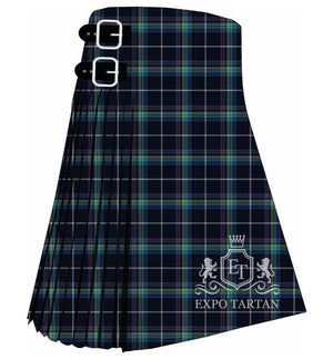 Men's Cycling World Championships Tartan Kilt showing traditional knife pleats and black leather side straps in a dark navy sett, intricately intersected by bright teal, yellow, red, and white overchecks