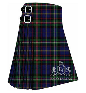 Men's Czech National Tartan Kilt showing traditional knife pleats and black leather side straps in a navy and green sett, intricately intersected by black bands and red, white, and yellow overchecks