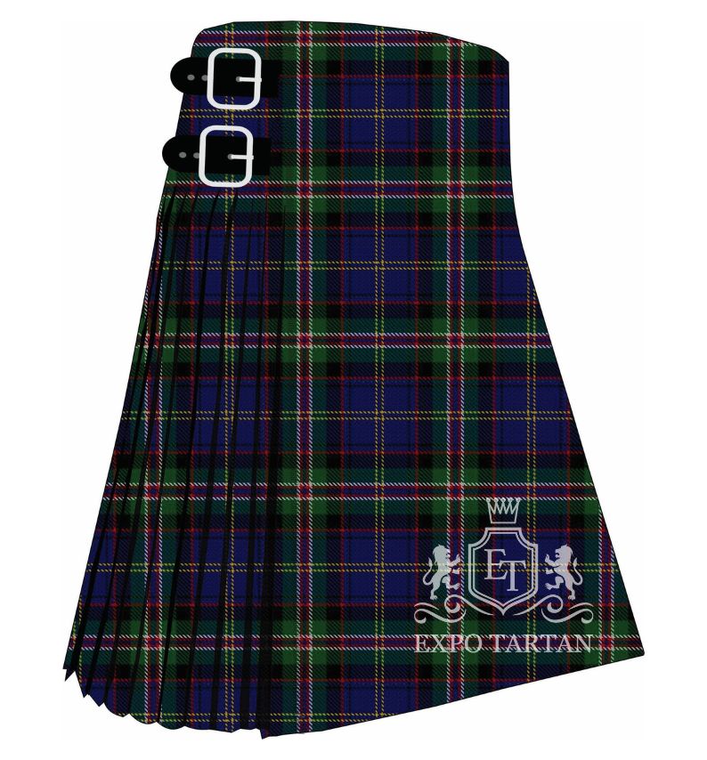 Men's Czech National Tartan Kilt showing traditional knife pleats and black leather side straps in a navy and green sett, intricately intersected by black bands and red, white, and yellow overchecks