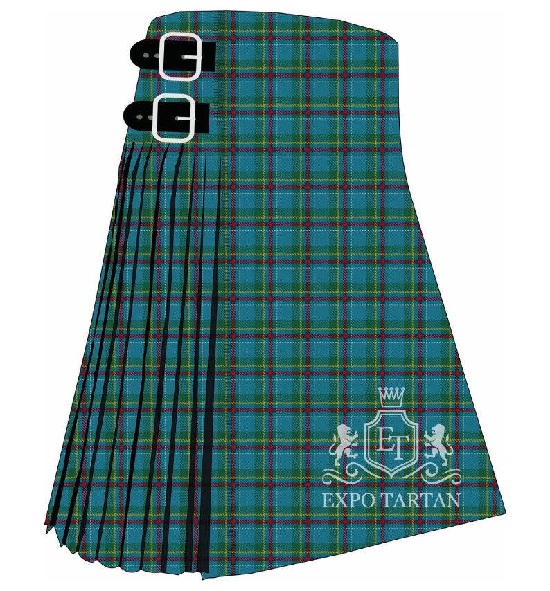 Men's Dalveen District Tartan Kilt showing traditional knife pleats and black leather side straps in a teal sett, intricately intersected by forest green bands and red and yellow overchecks
