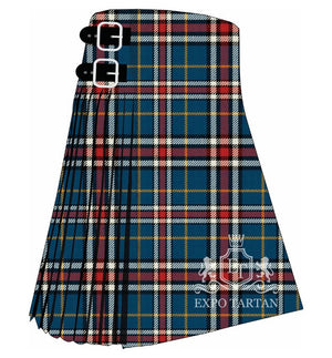 Men's Dauphinee Trussville Alabama Ancient Tartan Kilt showing traditional knife pleats and black leather side straps in a teal sett, intricately intersected by red and white bands and yellow overchecks