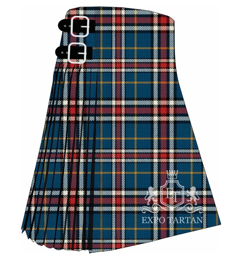 Men's Dauphinee Trussville Alabama Ancient Tartan Kilt showing traditional knife pleats and black leather side straps in a teal sett, intricately intersected by red and white bands and yellow overchecks