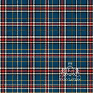 Men's Dauphinee Trussville Alabama Ancient Swatch showing a teal sett, intricately intersected by red and white bands and yellow overchecks
