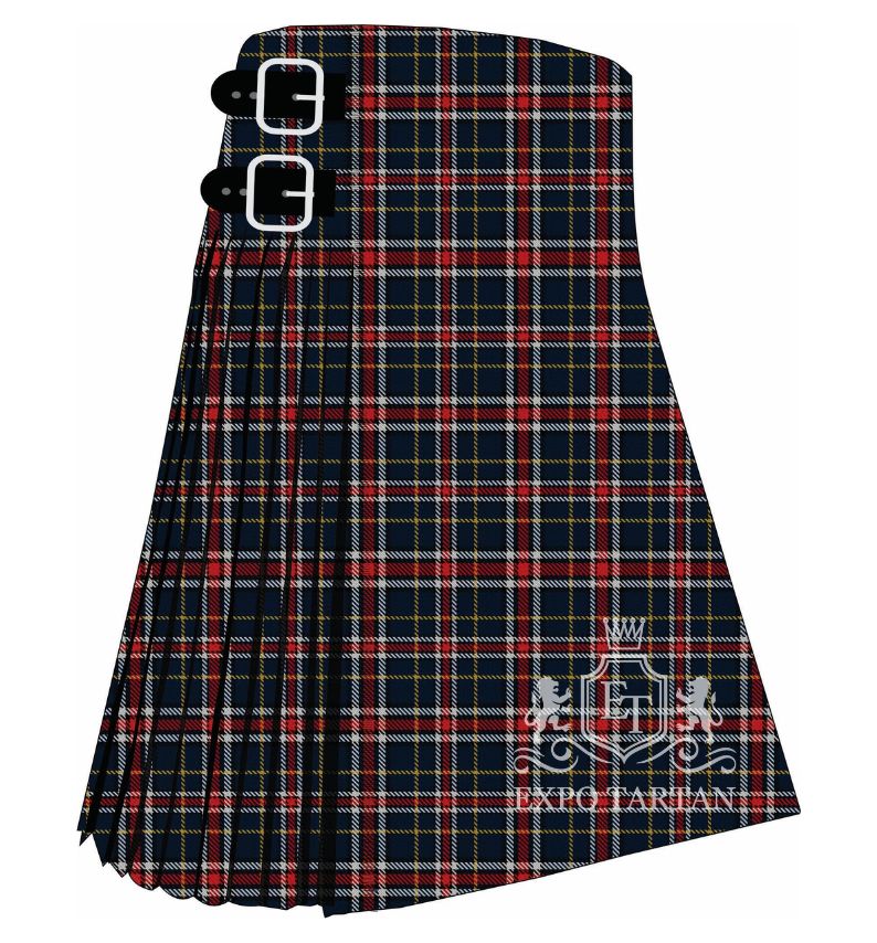 Men's Dauphinee Trussville Alabama Tartan Kilt showing traditional knife pleats and black leather side straps in a navy blue sett, intricately intersected by red and white bands and yellow overcheck