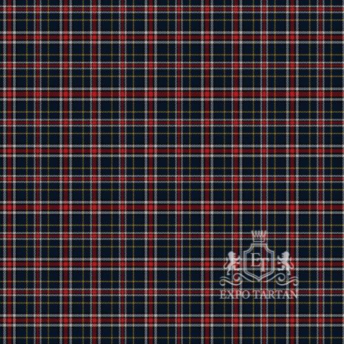 Men's Dauphinee Trussville Alabama Swatch showing a navy blue sett, intricately intersected by red and white bands and yellow overcheck