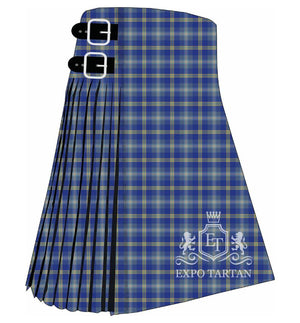 Men's Deaf Community Scotland Tartan Kilt showing traditional knife pleats and black leather side straps in a deep royal blue and muted slate sett, intricately intersected by vibrant yellow-green and light sky blue overchecks.