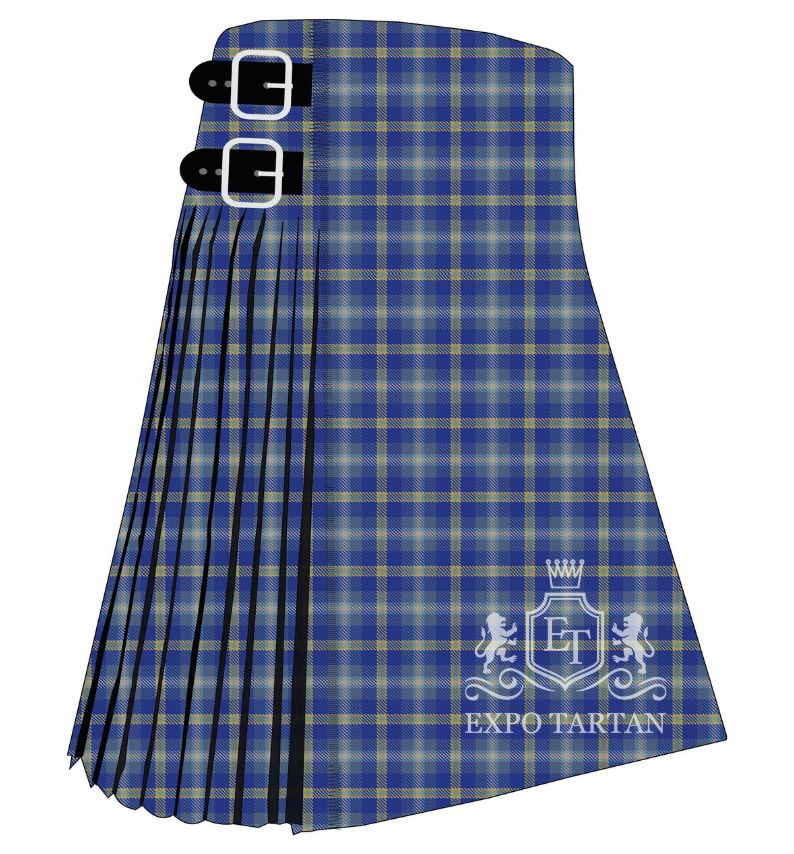 Men's Deaf Community Scotland Tartan Kilt showing traditional knife pleats and black leather side straps in a deep royal blue and muted slate sett, intricately intersected by vibrant yellow-green and light sky blue overchecks.