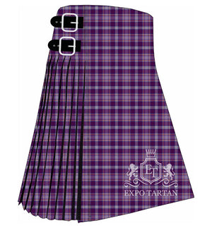Men's Deaf Community Tartan Kilt showing traditional knife pleats and black leather side straps in a deep royal purple sett, intricately intersected by muted lavender-grey and warm copper-orange overcheck