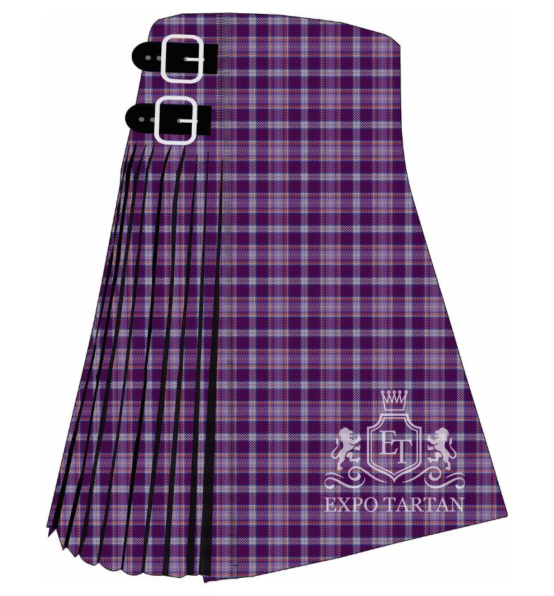 Men's Deaf Community Tartan Kilt showing traditional knife pleats and black leather side straps in a deep royal purple sett, intricately intersected by muted lavender-grey and warm copper-orange overcheck