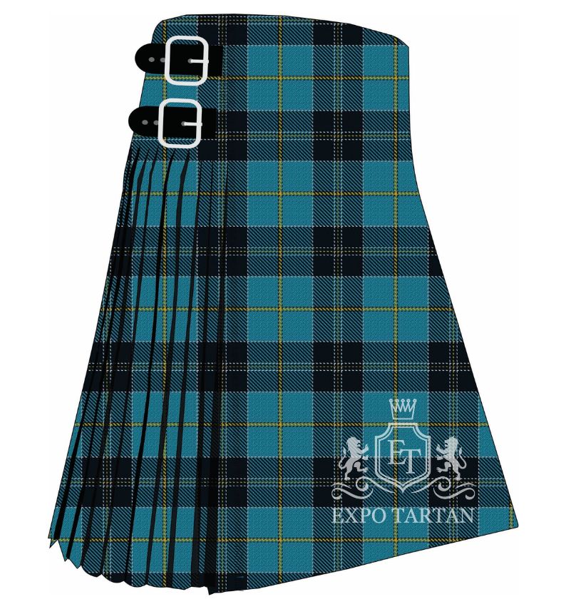 Men's Deaf Scotland Heritage Tartan Kilt showing traditional knife pleats and black leather side straps in a rich teal blue and deep navy-black sett, intricately intersected by golden-yellow and crisp white overcheck