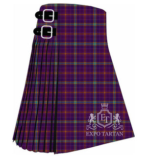 Men's Deaf Scotland Membership Tartan Kilt showing traditional knife pleats and black leather side straps in a deep royal purple sett, intricately intersected by vibrant golden-yellow, warm orange-red, and teal-green overcheck