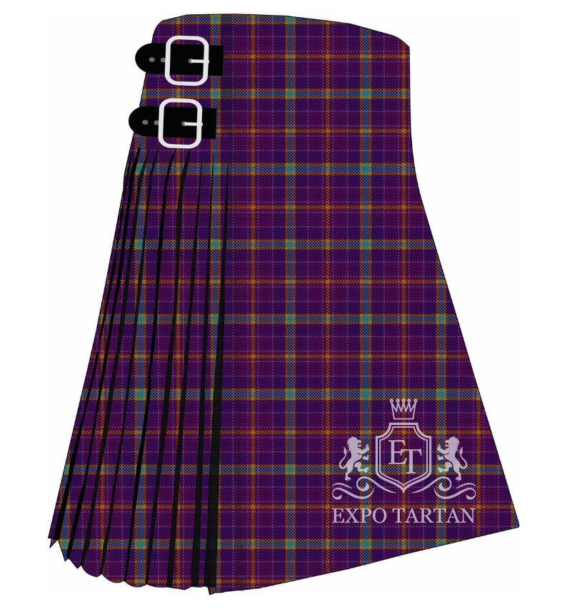 Men's Deaf Scotland Membership Tartan Kilt showing traditional knife pleats and black leather side straps in a deep royal purple sett, intricately intersected by vibrant golden-yellow, warm orange-red, and teal-green overcheck