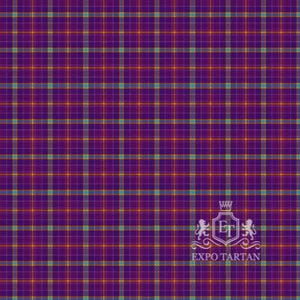 Men's Deaf Scotland Membership Swatch showing a deep royal purple sett, intricately intersected by vibrant golden-yellow, warm orange-red, and teal-green overcheck