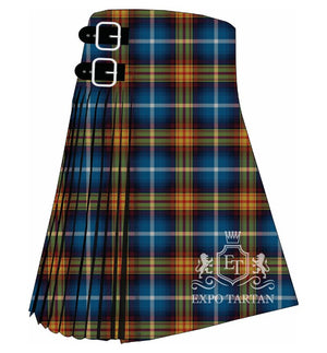 Men's Declaration of Scottish Independence Tartan Kilt showing traditional knife pleats and black leather side straps in a vibrant blue and deep navy-black sett, intricately intersected by golden-yellow, red, and crisp white overcheck