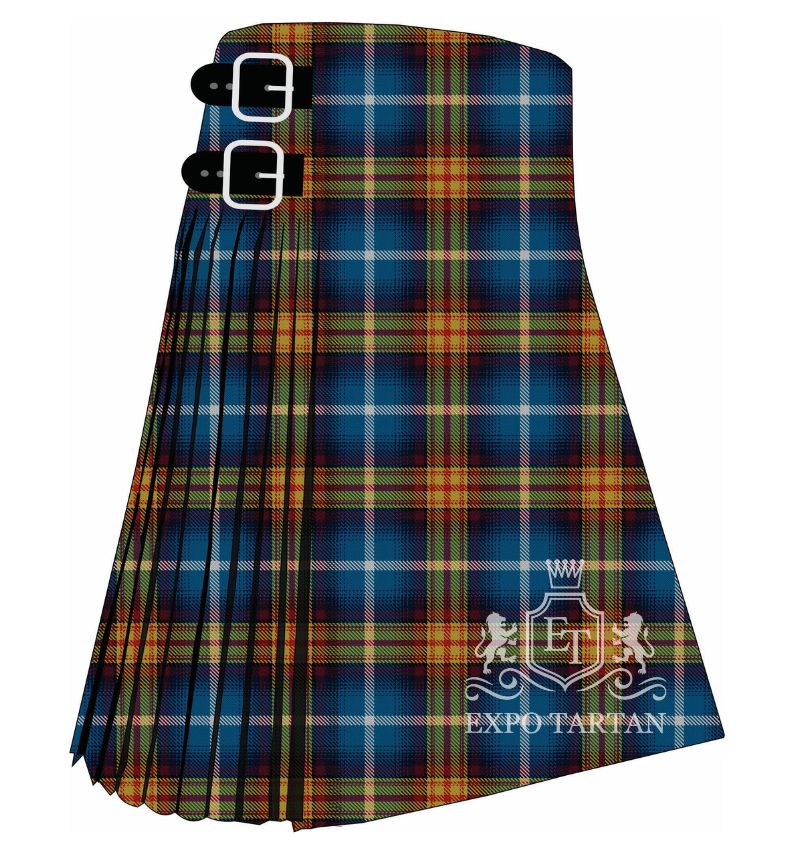 Men's Declaration of Scottish Independence Tartan Kilt showing traditional knife pleats and black leather side straps in a vibrant blue and deep navy-black sett, intricately intersected by golden-yellow, red, and crisp white overcheck