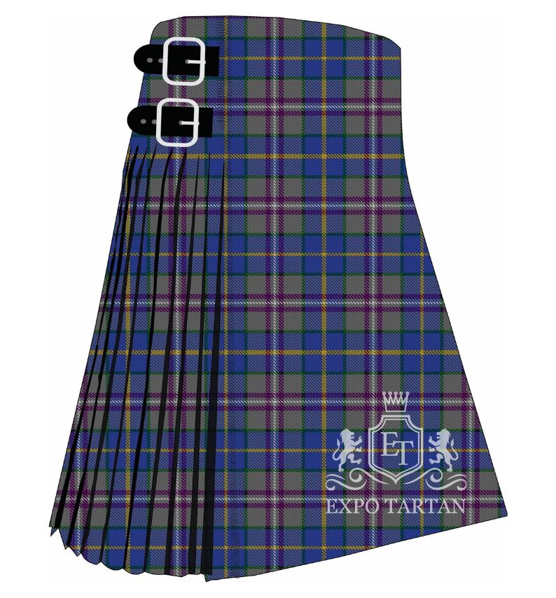 Men's Deeside Plaid Tartan Kilt showing traditional knife pleats and black leather side straps in a grey and royal blue sett, intricately intersected by purple and golden-yellow overcheck