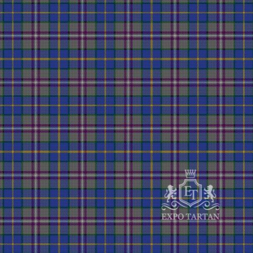Men's Deeside Plaid Swatch showing a grey and royal blue sett, intricately intersected by purple and golden-yellow overcheck