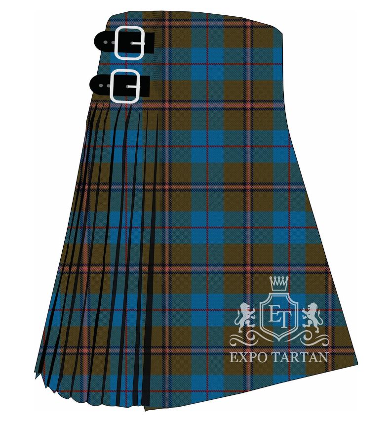 Men's Deeside Royal Tartan Kilt showing traditional knife pleats and black leather side straps in a royal blue and earthy olive-green sett, intricately intersected by bright red and crisp white overcheck