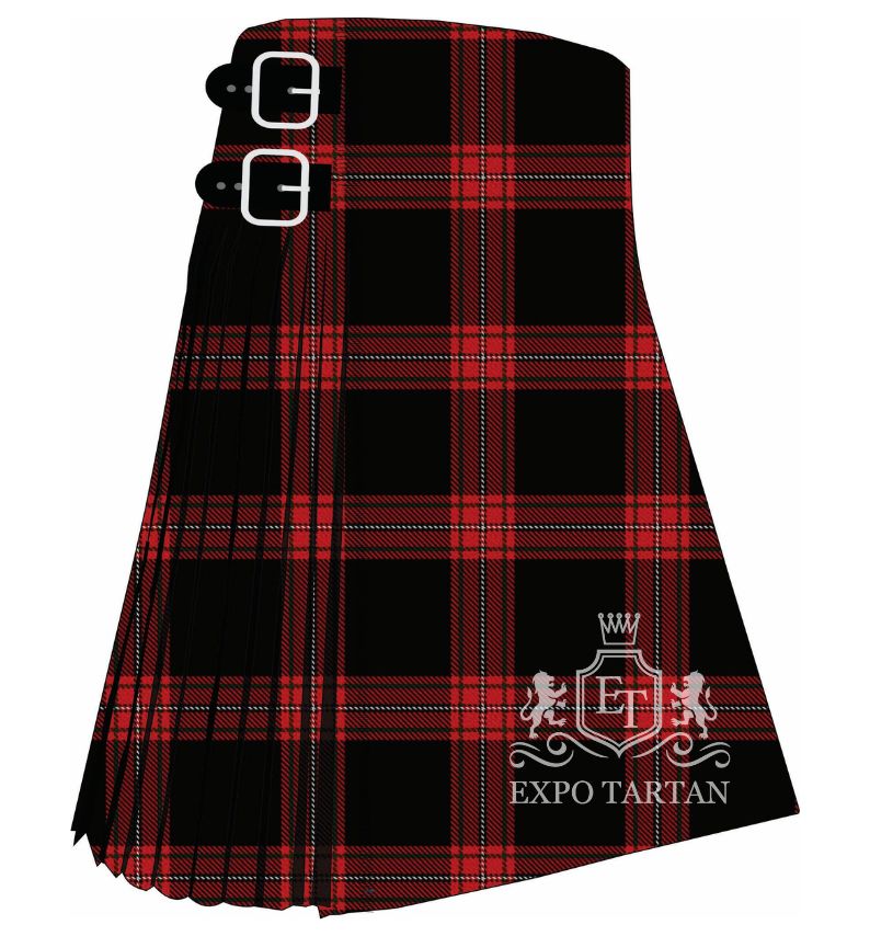 Men's Dellen Tartan Kilt showing traditional knife pleats and black leather side straps in a deep black and rich red sett, intricately intersected by crisp white overcheck