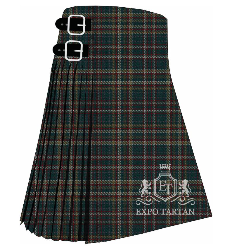 Men's Delmarva Tartan Kilt showing traditional knife pleats and black leather side straps in a deep forest green and charcoal sett, intricately intersected by golden-brown and subtle red overcheck