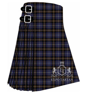 Men's Denholm Tartan Kilt showing traditional knife pleats and black leather side straps in a royal blue and slate grey sett, intricately intersected by golden-yellow and subtle white overcheck