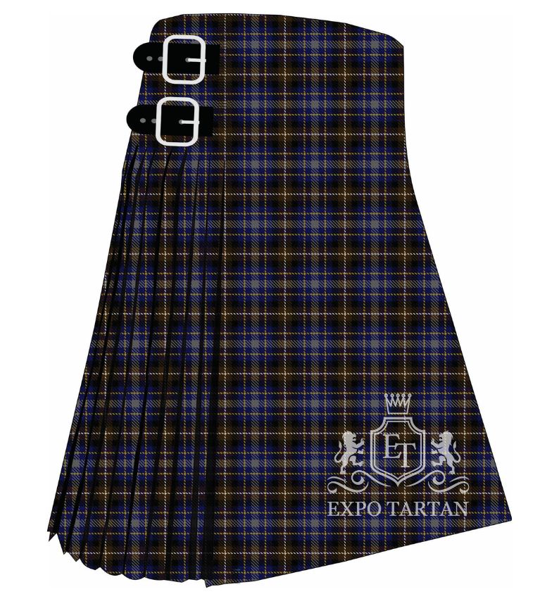 Men's Denholm Tartan Kilt showing traditional knife pleats and black leather side straps in a royal blue and slate grey sett, intricately intersected by golden-yellow and subtle white overcheck