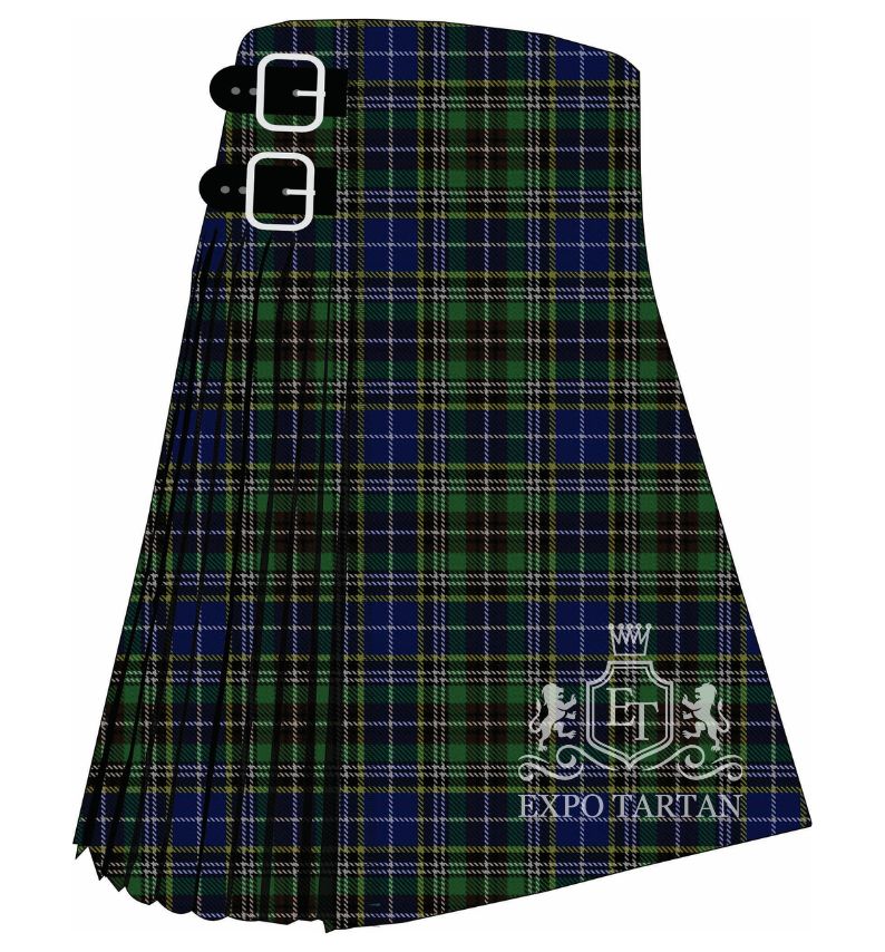 Men's Dowling District Tartan Kilt showing traditional knife pleats and black leather side straps in a deep navy blue and forest green sett, intricately intersected by golden-yellow and subtle white overcheck