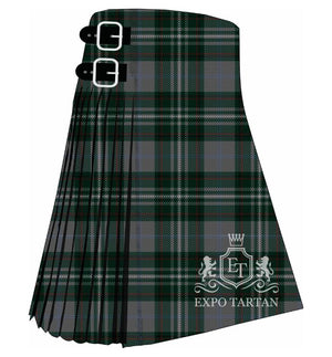 Men's Drumin Tartan Kilt showing traditional knife pleats and black leather side straps in a dark green and grey sett, intricately intersected by crisp white and subtle red overcheck