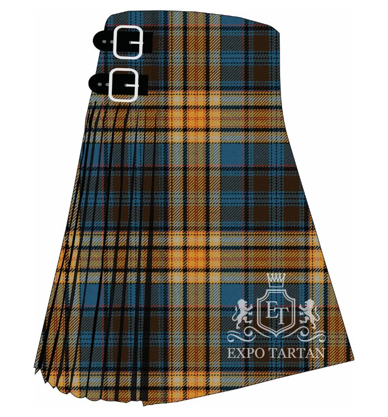 Men's Dunbarton Ancient Tartan Kilt showing traditional knife pleats and black leather side straps in a vibrant blue and golden-yellow sett, intricately intersected by brown and grey overcheck