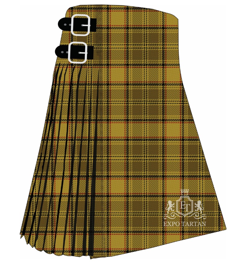 Men's Dunbarton Tartan Kilt showing traditional knife pleats and black leather side straps in a warm mustard-yellow and olive-brown sett, intricately intersected by dark black and subtle red overcheck   