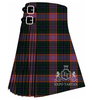 Men's Dundee Carers Centre Tartan Kilt showing traditional knife pleats and black leather side straps in a deep forest green and vibrant purple sett, intricately intersected by navy blue and bright yellow-orange overcheck