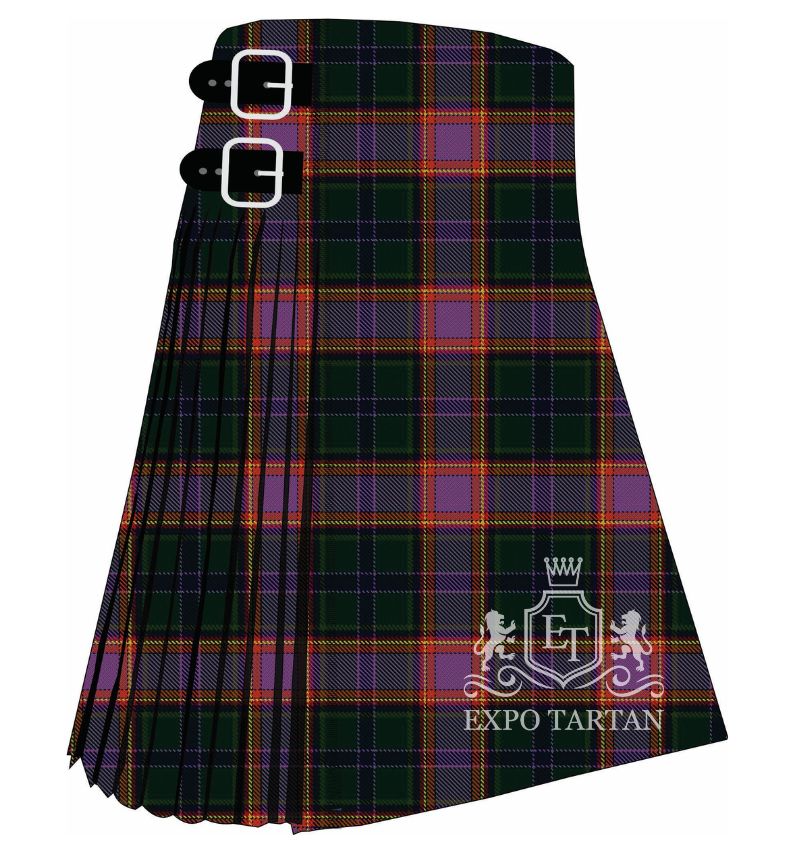 Men's Dundee Carers Centre Tartan Kilt showing traditional knife pleats and black leather side straps in a deep forest green and vibrant purple sett, intricately intersected by navy blue and bright yellow-orange overcheck