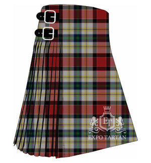 Men's Dundee Dress Tartan Kilt showing traditional knife pleats and black leather side straps in a vibrant red and light grey sett, intricately intersected by dark green, navy blue, and yellow-gold overcheck