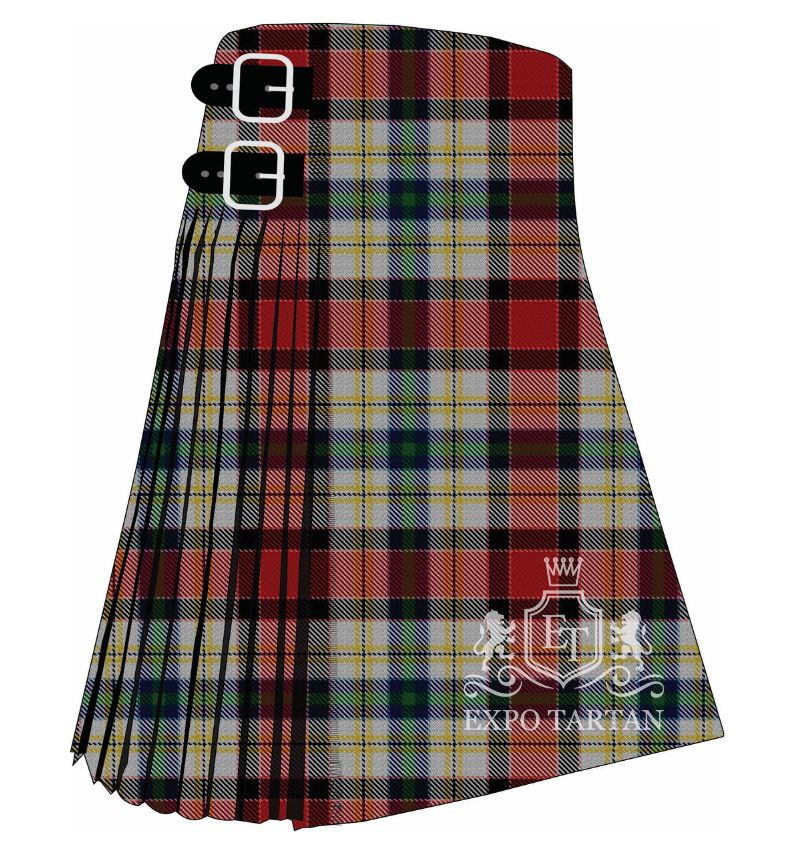 Men's Dundee Dress Tartan Kilt showing traditional knife pleats and black leather side straps in a vibrant red and light grey sett, intricately intersected by dark green, navy blue, and yellow-gold overcheck