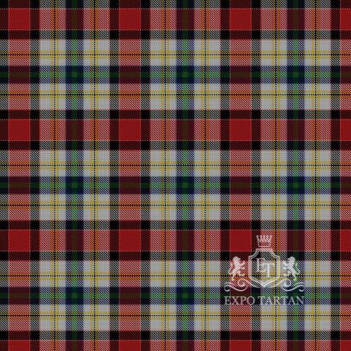 Men's Dundee Dress Swatch showing a vibrant red and light grey sett, intricately intersected by dark green, navy blue, and yellow-gold overcheck