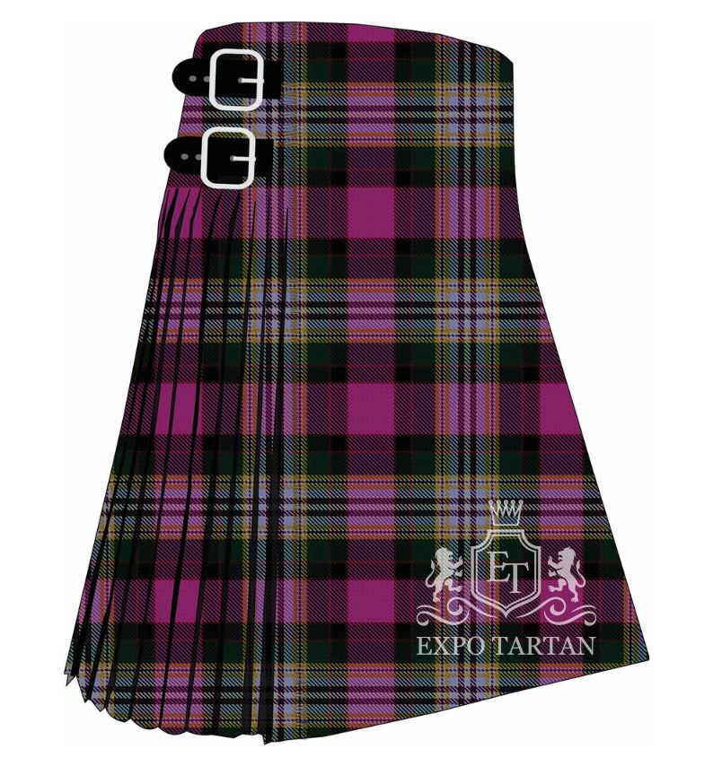 Men's Dundee Pink Variation Tartan Kilt showing traditional knife pleats and black leather side straps in a vibrant magenta-pink and deep green sett, intricately intersected by navy blue, lavender, and golden-yellow overcheck