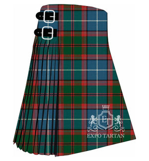 Men's Dunedin Florida Ancient Tartan Kilt showing traditional knife pleats and black leather side straps in a vibrant red, blue, and green sett, intricately intersected by crisp white and dark overcheck