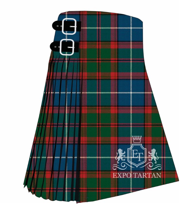 Men's Dunedin Florida Tartan Kilt showing traditional knife pleats and black leather side straps in a rich forest green, deep blue, and crimson red sett, intricately intersected by crisp white and dark overcheck