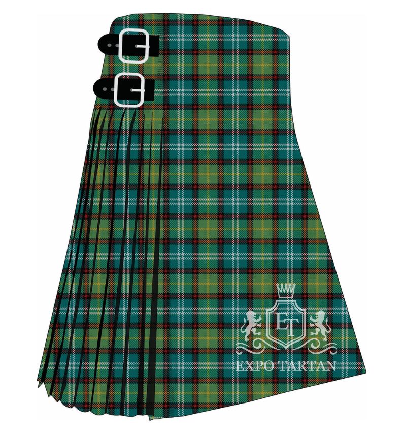 Men's Dunedin New Zealand Tartan Kilt showing traditional knife pleats and black leather side straps in a rich forest green and olive green sett, intricately intersected by crisp white, golden-yellow, and red overcheck