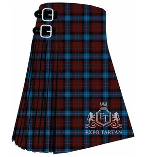 Men's Dunfermline Tartan Kilt showing traditional knife pleats and black leather side straps in a deep maroon red and vibrant blue sett, intricately intersected by black bands and crisp white overcheck